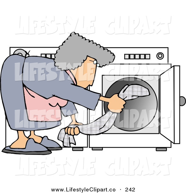 Clip Art Of A Housewife Putting Wet Clothes Into A Dryer After Washing