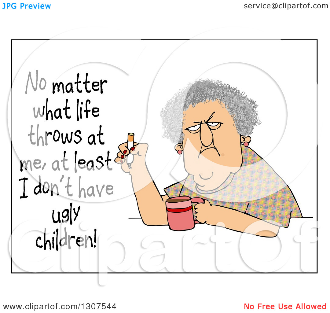 Clipart Of A Grumpy Old Woman Smoking A Cigarette Over Coffee With    