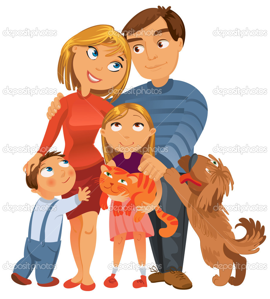 Happy Family Of Four And Two Pets   Stock Vector   Kharlamova Lv