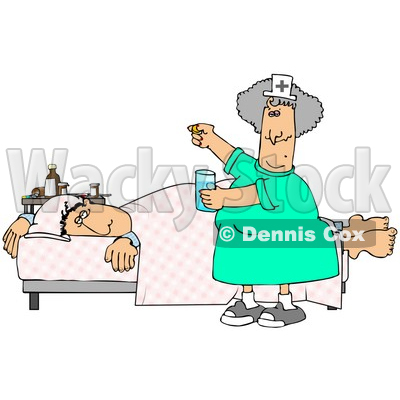 Ill Man Lying On A Hospital Bed Near A Table Of Medicine While A