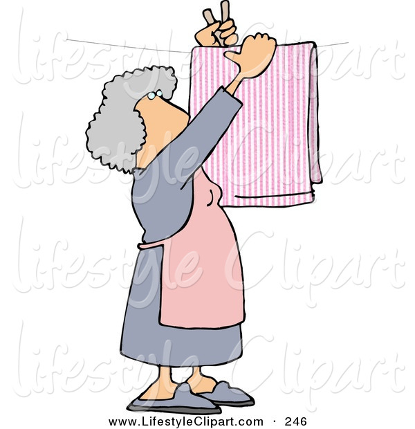 Lifestyle Clipart Of An Elderly Housewife Hanging Laundry Out To Dry