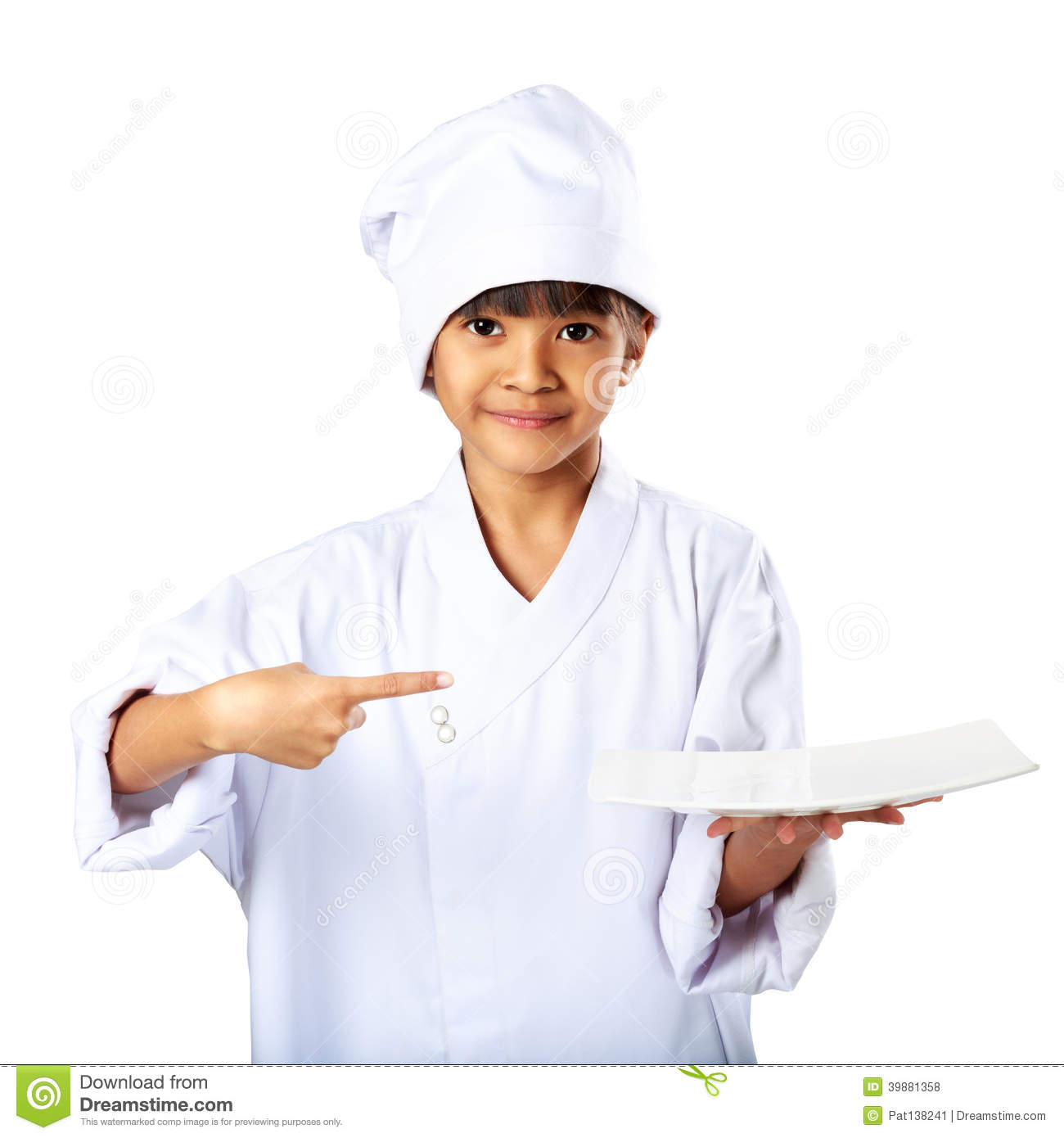Little Asian Girl Chef Showing The Empty White Plate Isolated Over    