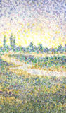 Watercolor Landscape In Style Of Pointillism  River In The Field