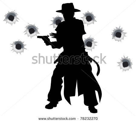 Wild West Gunslinger Drawing And Firing His Gun In A Shootout With    