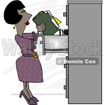African American Female Clerk Putting Documents Into A Filing Cabinet