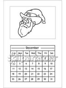 Black And White December Calendar With Santa   Royalty Free Clipart    