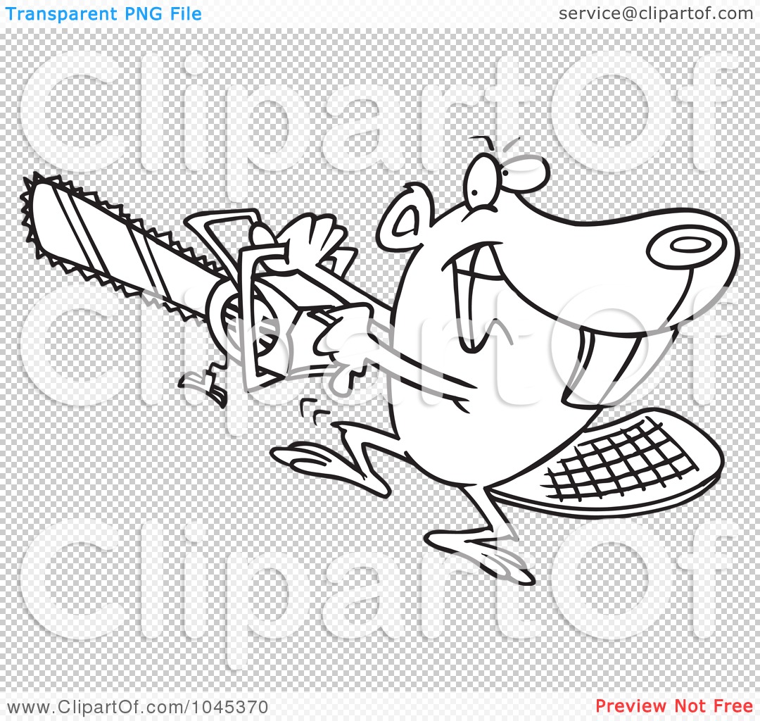 Cartoon Black And White Outline Design Of A Beaver Using A Chainsaw
