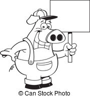 Cartoon Pig In Overalls Holding A S   Black And White   