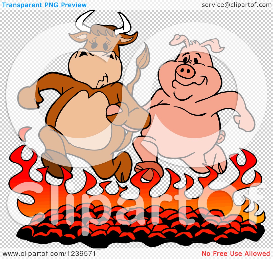 Clipart Of A Bull And Pig Running Over Hot Bbq Coals   Royalty Free