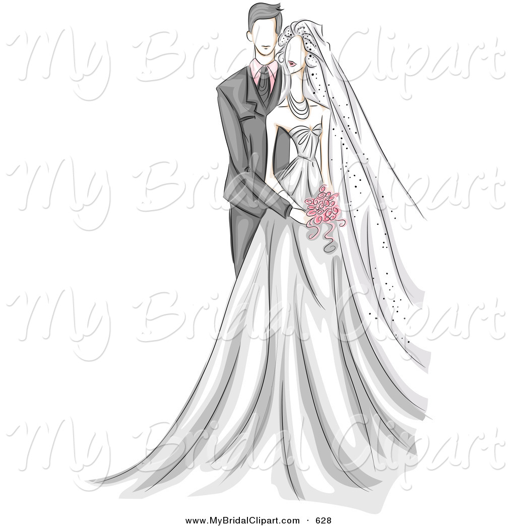 Clipart Of A Sketched Wedding Couple With The Groom Behind His Bride