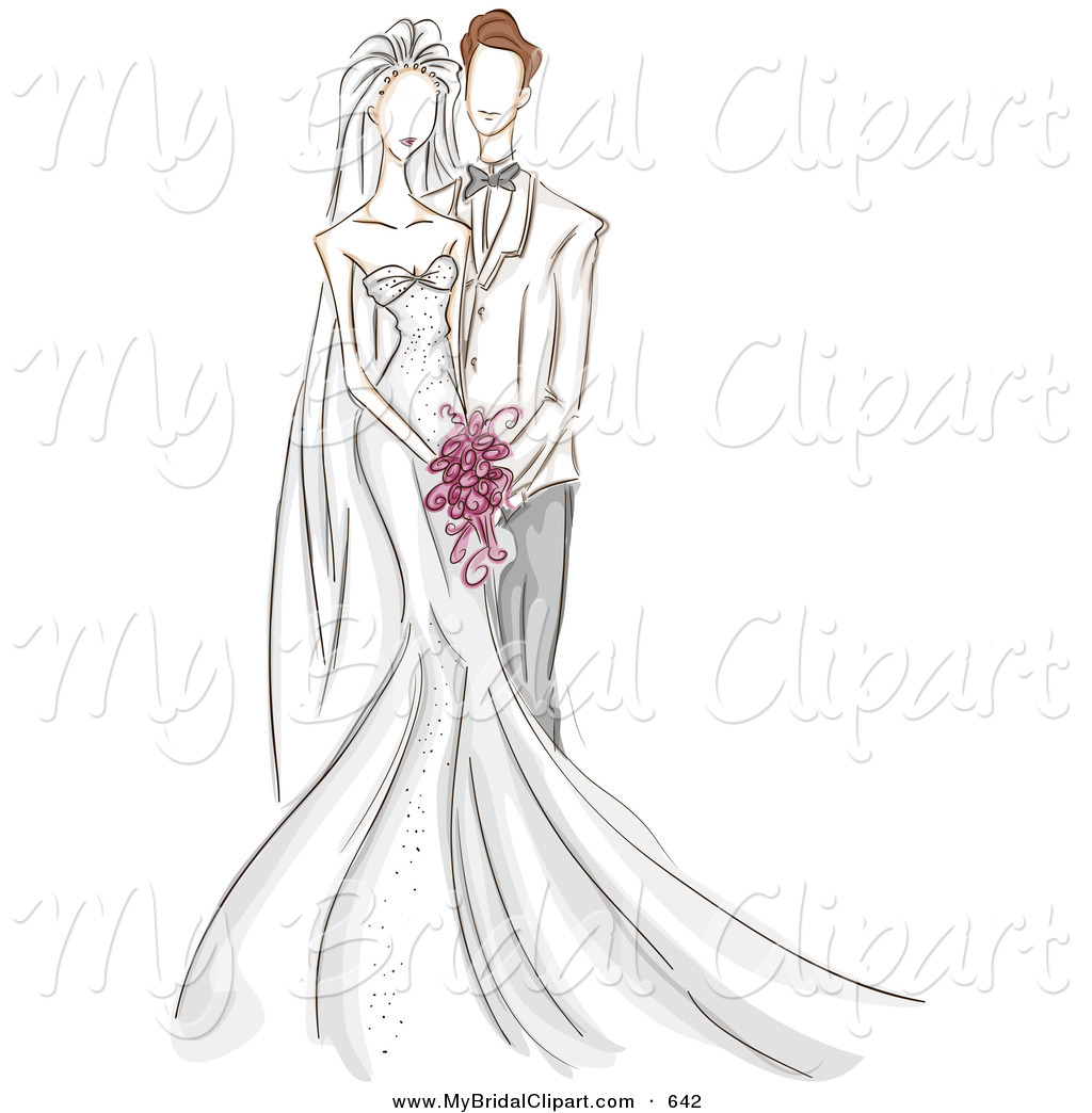 Clipart Of A Sketched Wedding Couple With The Groom Beside His Bride