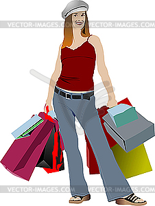 Cute Shopping Lady With Bags   Vector Clip Art