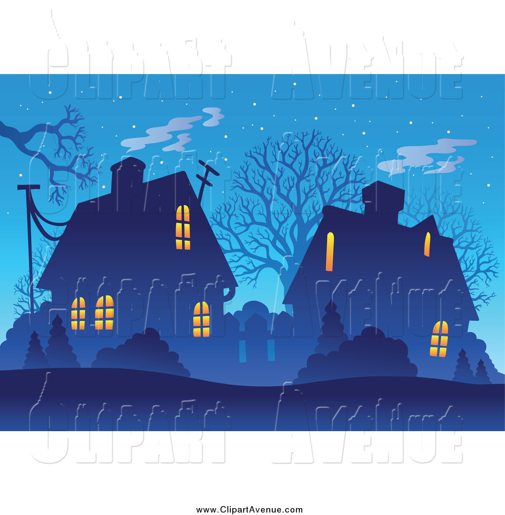 Larger Preview  Avenue Clipart Of A Winter Village And Bare Trees At