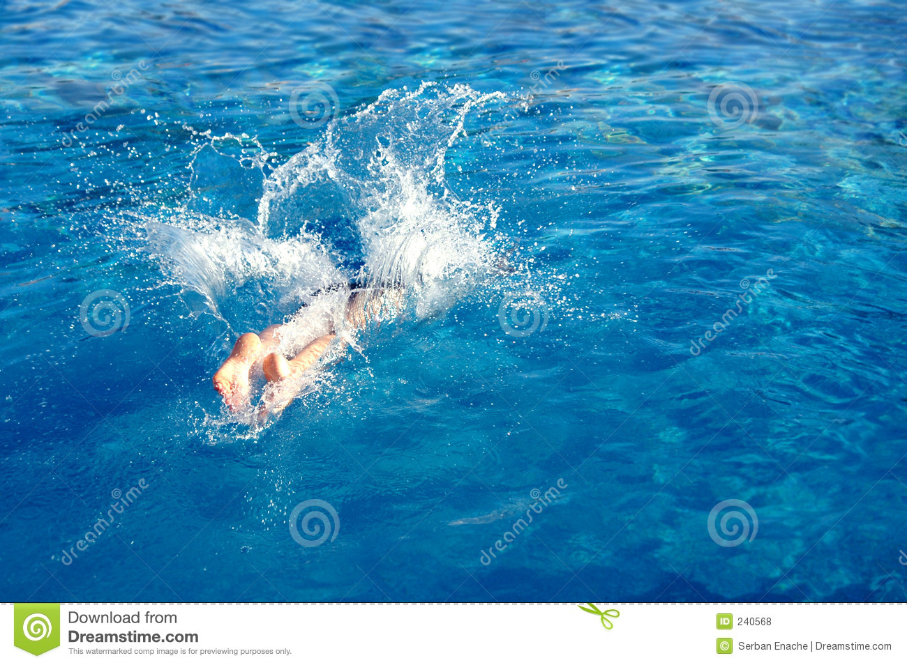 Man S Feet Splashing In Blue Water  Water Drops And Legs Area In Focus