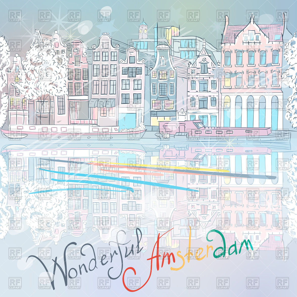 Sketch Of Winter City View Of Amsterdam Canal Architecture Buildings