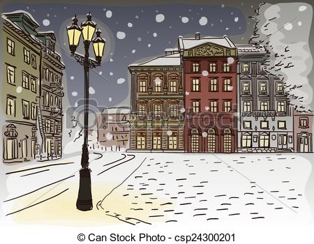 Vector   Antique European Street  Winter Night City Landscape    Stock