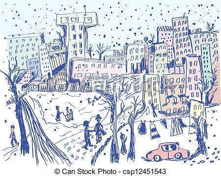 Vector   City Street In Winter   Sketch Of Scene   Stock Illustration