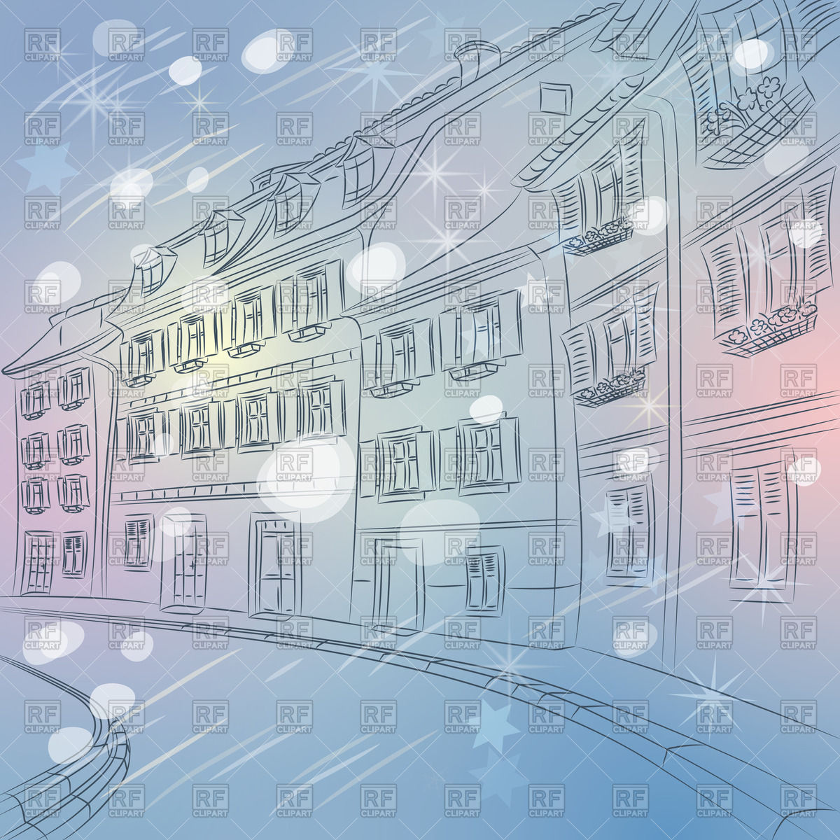 Winter Cityscape With Old European Street With Colorful Houses Vector