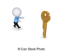 3d Small Person Running To A Golden Keyisolated On White   