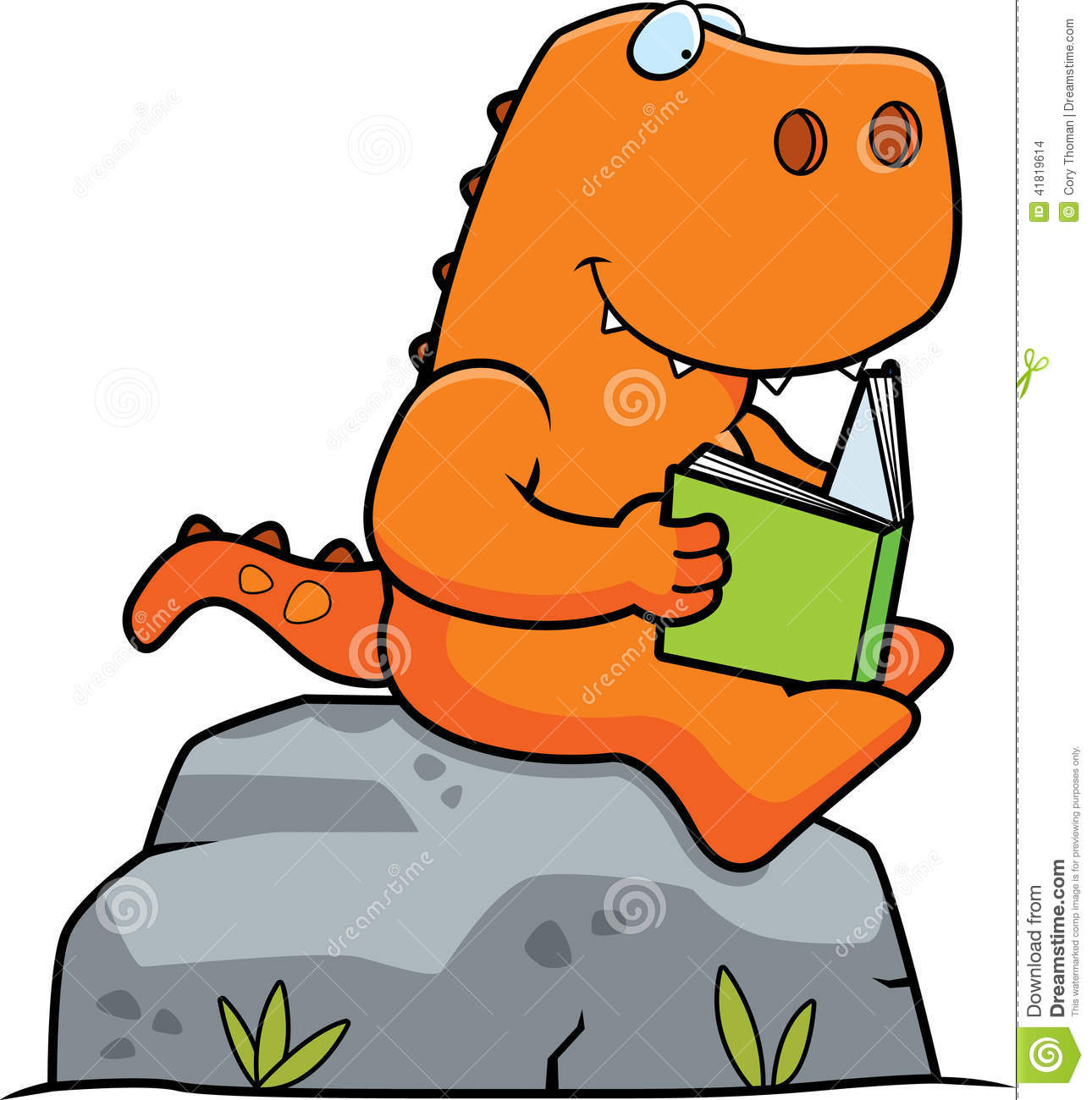 Cartoon Dinosaur Reading A Book On A Rock