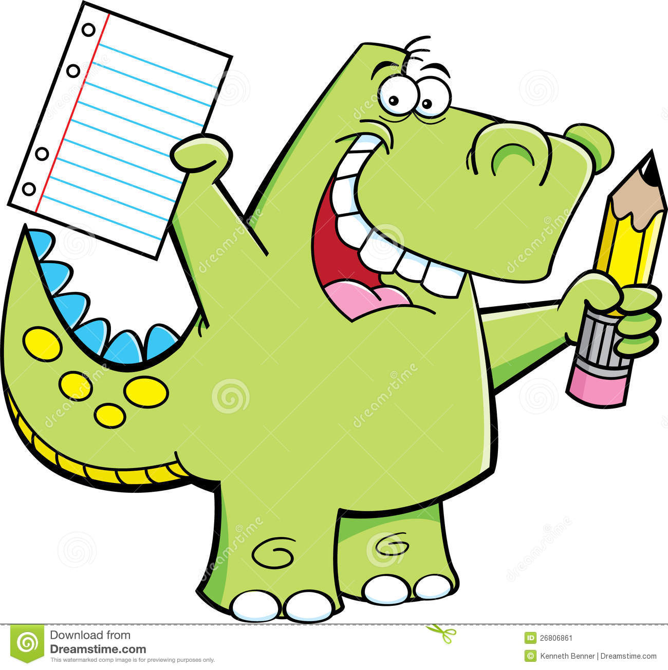 Cartoon Illustration Of A Dinosaur Holding A Pencil And Paper