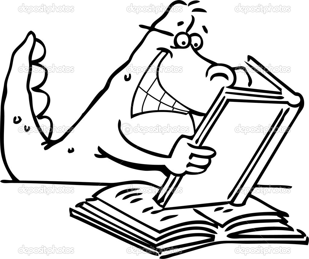 Cartoon Illustration Of A Dinosaur Reading A Book For Coloring Page