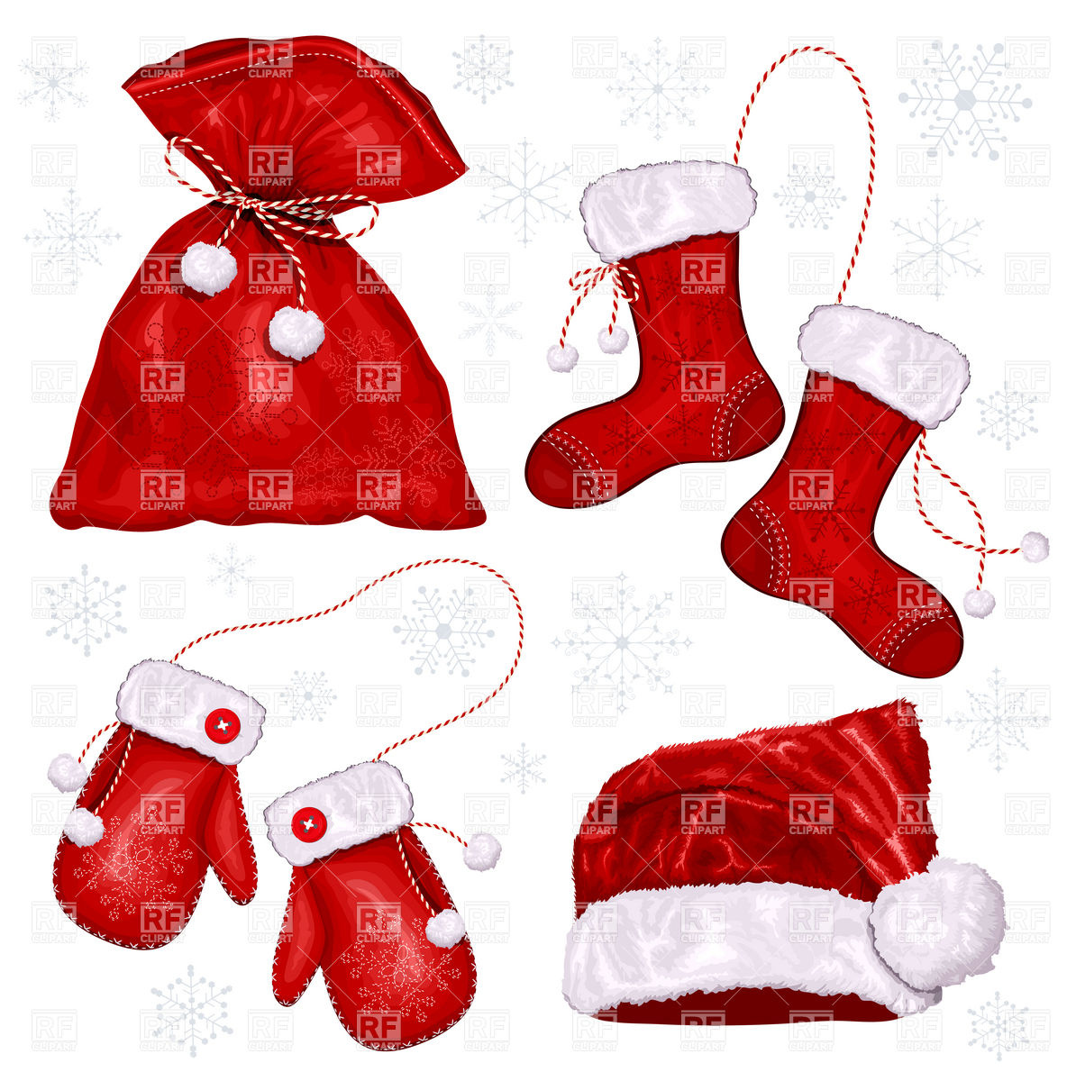 Christmas Symbols   Santa S Mittens Hat And Sack Download Royalty
