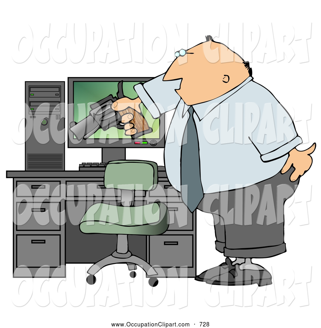 Clip Art Of A White Angry Businessman Pointing A Gun At His Computer    