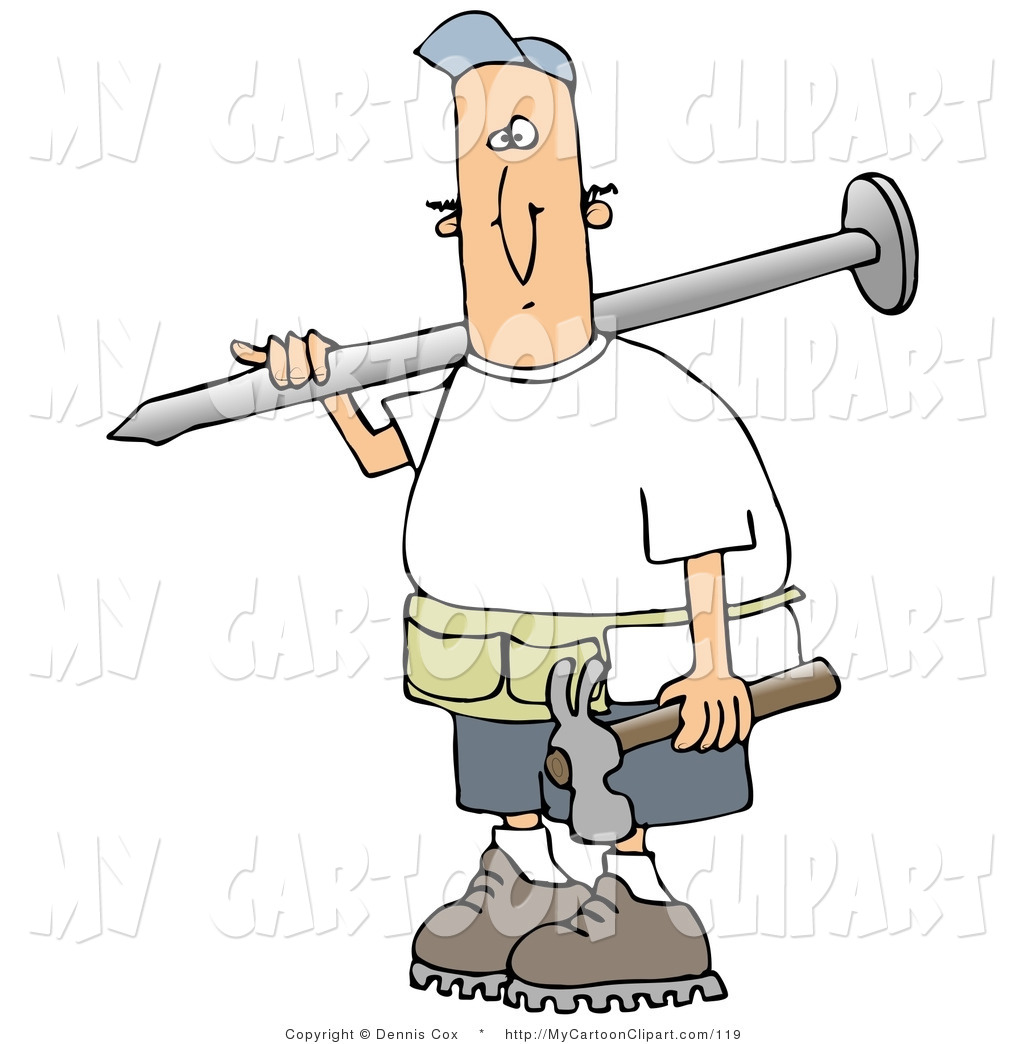 Clip Art Of A White Construction Worker Man Carrying A Giant Nail Over