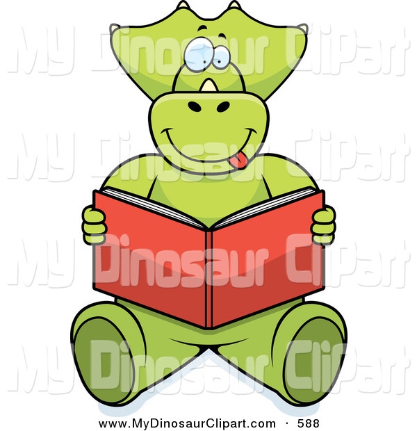 Clipart Of A Green Triceratops Sitting And Reading By Cory Thoman