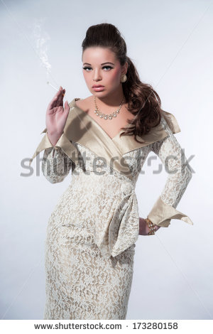 Glamour Retro Fifties Fashion Woman Smoking Cigarette  Wearing Light