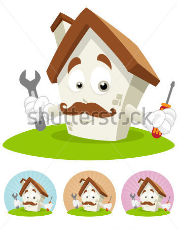 House Cartoon Character Illustration Holding Screwdriver And Monkey