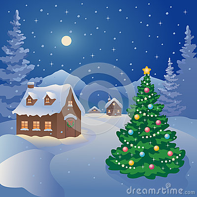 Illustration Of A Snowy Christmas Night Village At The Mountains