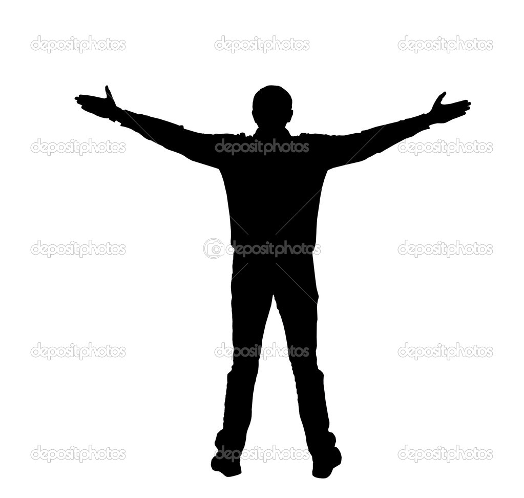 Silhouette Of A Man With Spread Arms On A White Blackground   Stock    