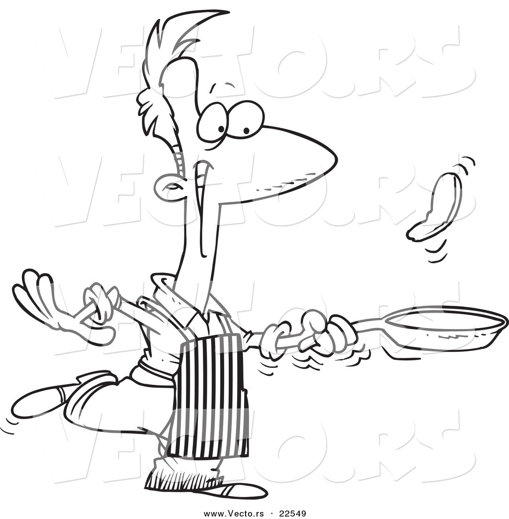 Vector Of A Cartoon Man Flipping Pancakes   Coloring Page Outline By