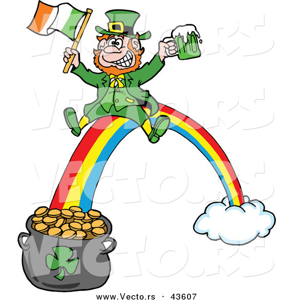 Vector Of A Happy Cartoon Leprechaun Riding A Rainbow Down To A Lucky    