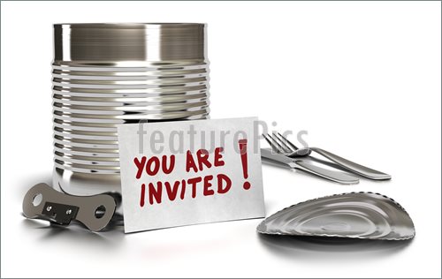 You Are Invited Written On A Card With Tin Can Lid Fork Knife And    