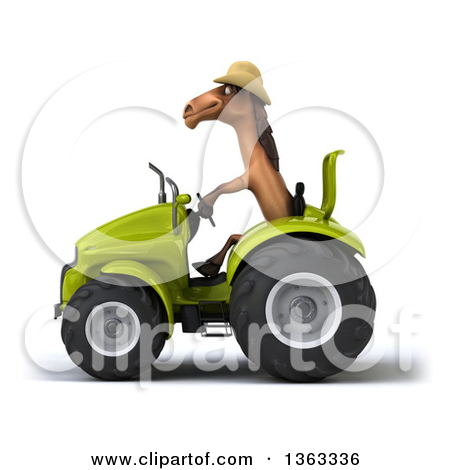 Clipart Of A 3d Brown Cowboy Horse Operating A Green Tractor On A    