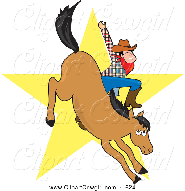 Clipart Of A Friendly Cowboy Waving While Riding A Bucking Horse In A    