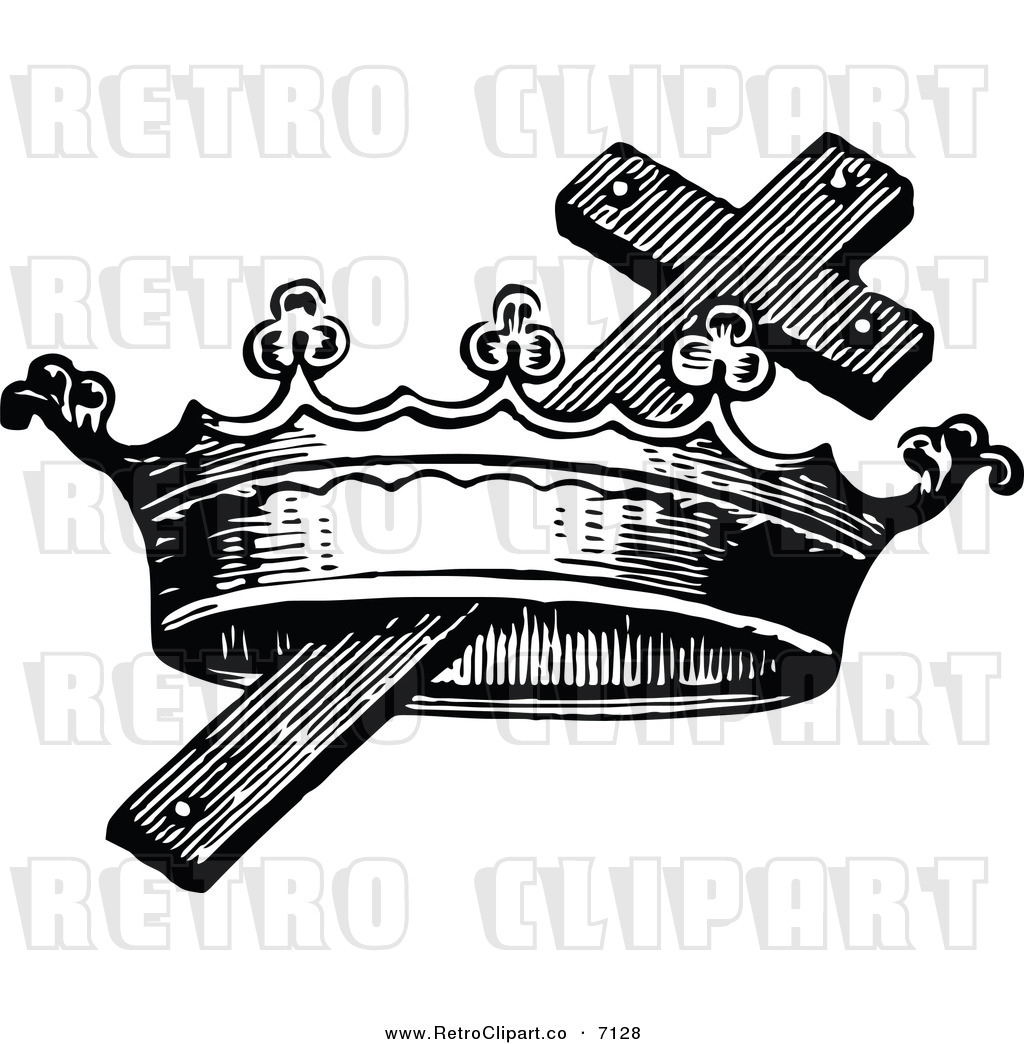 Clipart Of A Retro Black And White Cross And Crown By Prawny Vintage