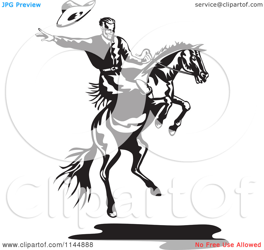 Clipart Of A Retro Black And White Rodeo Cowboy On A Bucking Horse 2    
