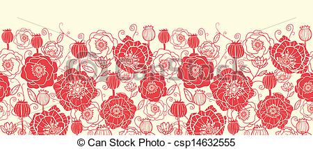 Clipart Vector Of Red Poppy Flowers Horizontal Seamless Pattern Border