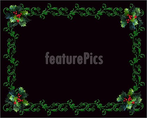 Composition Green Ornamental Border On Black With Christmas Holly