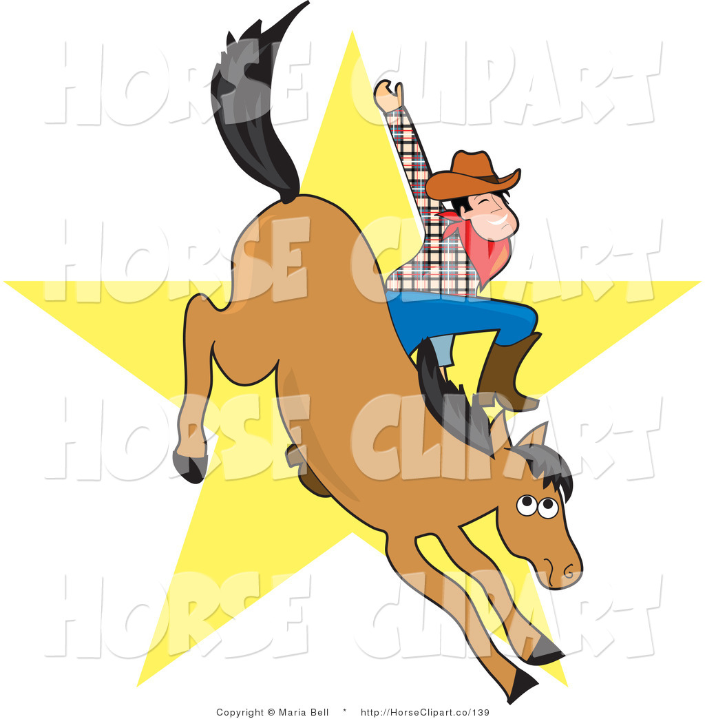 Cowboy Waving While Riding A Bucking Bronco Horse In A Rodeo A Yellow    