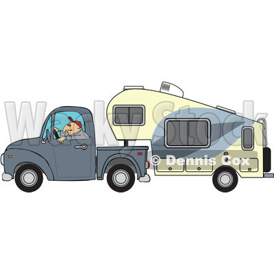     Driving A Pickup With A 5th Wheel Camper   Royalty Free Vector Clipart