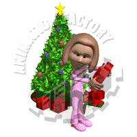 Girl Shaking Present By Christmas Tree Animated Clipart