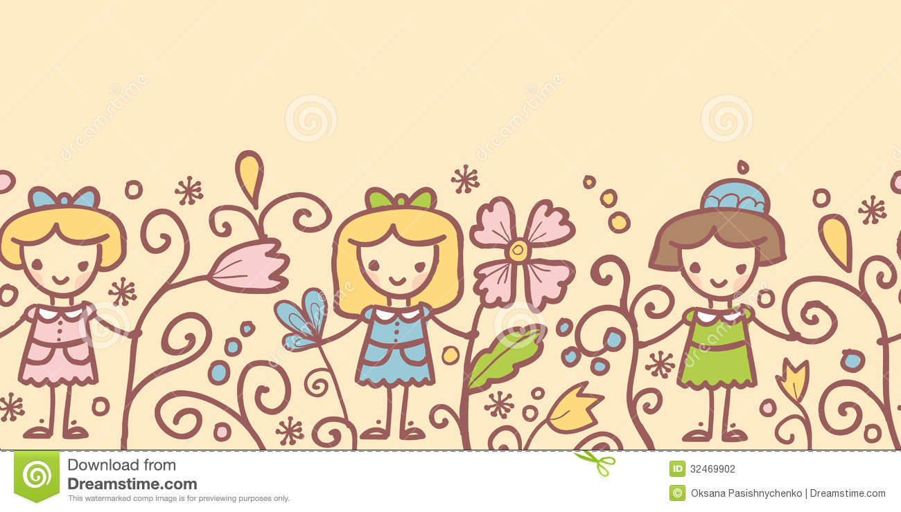 Girls With Flowers Horizontal Seamless Pattern Stock Photography