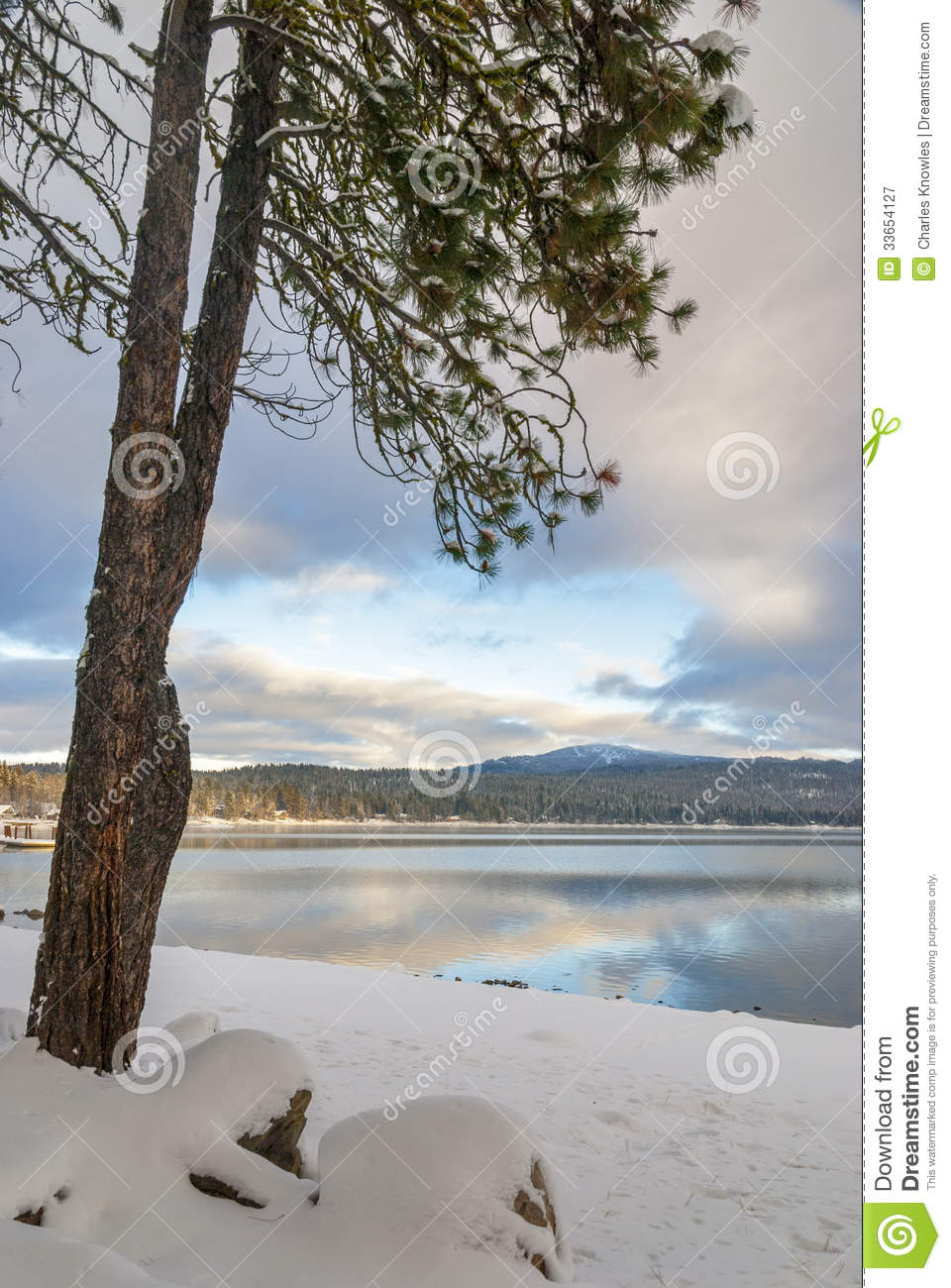 Lake Near Mccall Idaho With Snow And Trees 