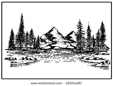 Mountain Lake Forest Pine Trees Rock Vector Illustration   Stock