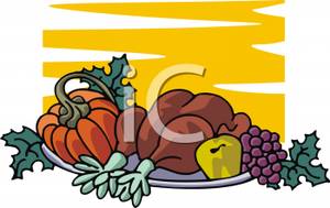 Turkey Pumpkin And Fruit On A Platter   Royalty Free Clipart Picture
